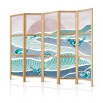 Paravent japonais - Koi Fish Among Waves - Japanese Fish Among Waves in Shades of Turquoise and White