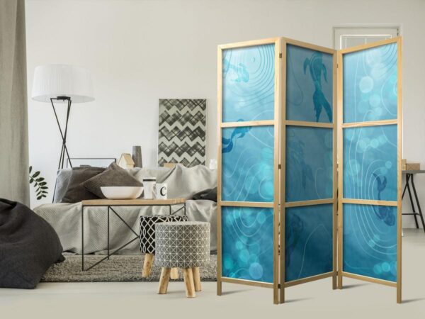 Paravent japonais - Koi Fish Under the Water Surface - a Cluster of Japanese Fish in the Depths of the Pond in Shades of Navy and Blue