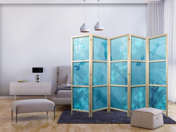 Paravent japonais - Koi Fish Under the Water Surface - a Cluster of Japanese Fish in the Depths of the Pond in Shades of Navy and Blue