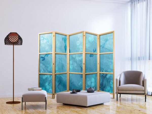 Paravent japonais - Koi Fish Under the Water Surface - a Cluster of Japanese Fish in the Depths of the Pond in Shades of Navy and Blue