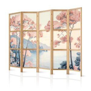 Paravent japonais - Landscape with the Ocean - Cliffs - and Trees in Delicate Pink Shades