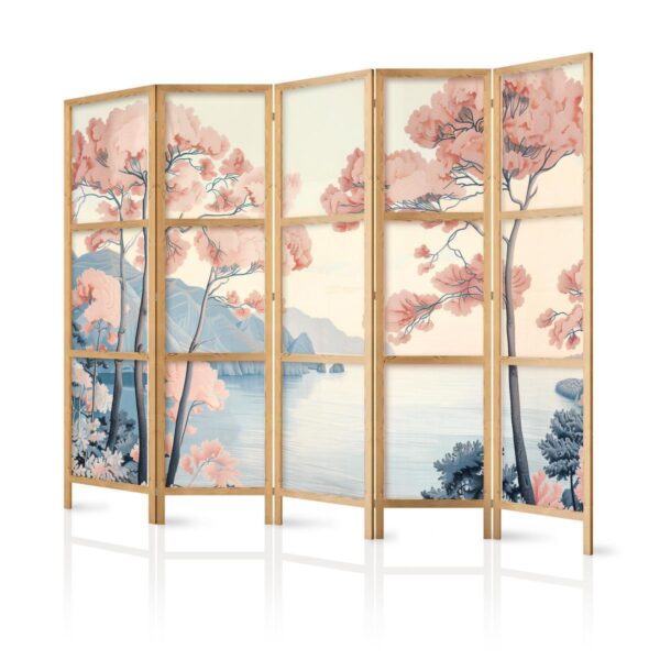 Paravent japonais - Landscape with the Ocean - Cliffs - and Trees in Delicate Pink Shades Paravent japonais - Landscape with the Ocean - Cliffs - and Trees in Delicate Pink Shades