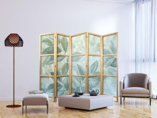 Paravent japonais - Large Leaves in Green-Mint Shades - Botanical Motif