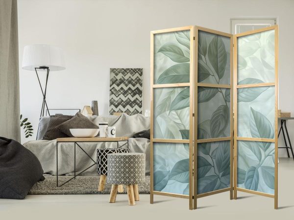 Paravent japonais - Large Leaves in Green-Mint Shades - Botanical Motif