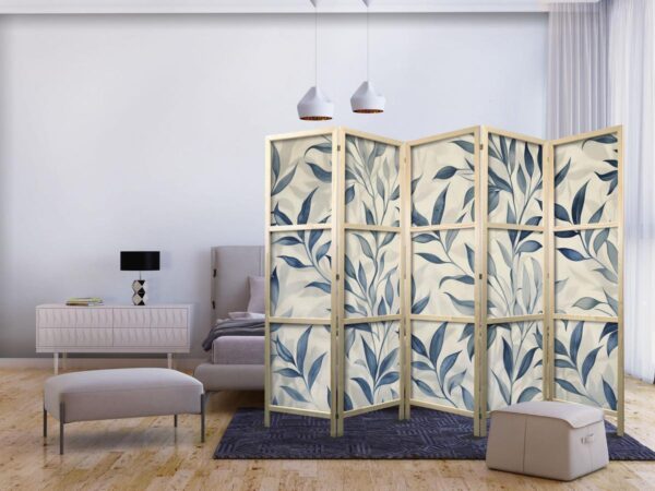 Paravent japonais - Leaves in Blue Colors - Delicate Botanical Motif