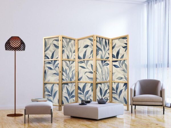 Paravent japonais - Leaves in Blue Colors - Delicate Botanical Motif
