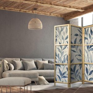 Paravent japonais - Leaves in Blue Colors - Delicate Botanical Motif