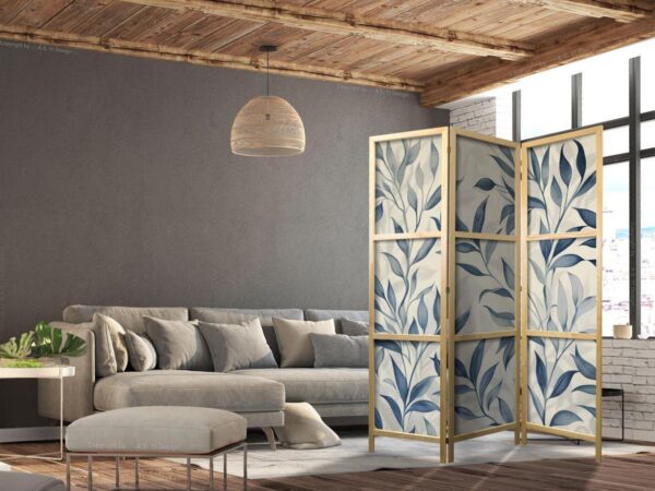 Paravent japonais - Leaves in Blue Colors - Delicate Botanical Motif