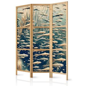 Paravent japonais - Life in the Ocean - Underwater World of Fish and Vegetation in Beige and Navy Retro Style