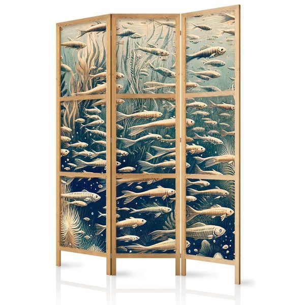 Paravent japonais - Life in the Ocean - Underwater World of Fish and Vegetation in Beige and Navy Retro Style Paravent japonais - Life in the Ocean - Underwater World of Fish and Vegetation in Beige and Navy Retro Style