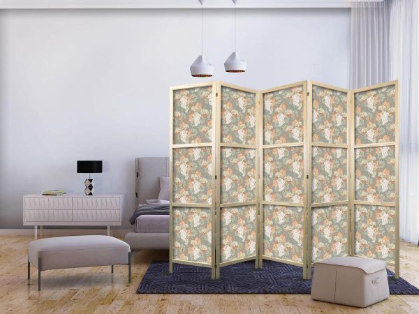 Paravent japonais - Little Bouquets - Exotic Flowers and Leaves on a Gray-Green Background