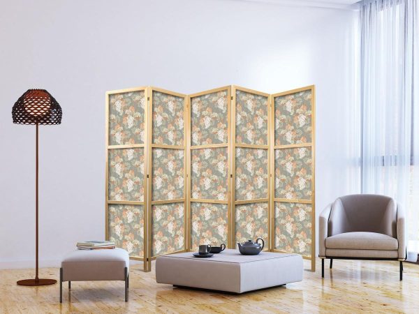 Paravent japonais - Little Bouquets - Exotic Flowers and Leaves on a Gray-Green Background