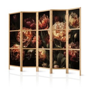 Paravent japonais - Magnificent Tulips - Bouquet of Flowers in Red and White on a Black Background