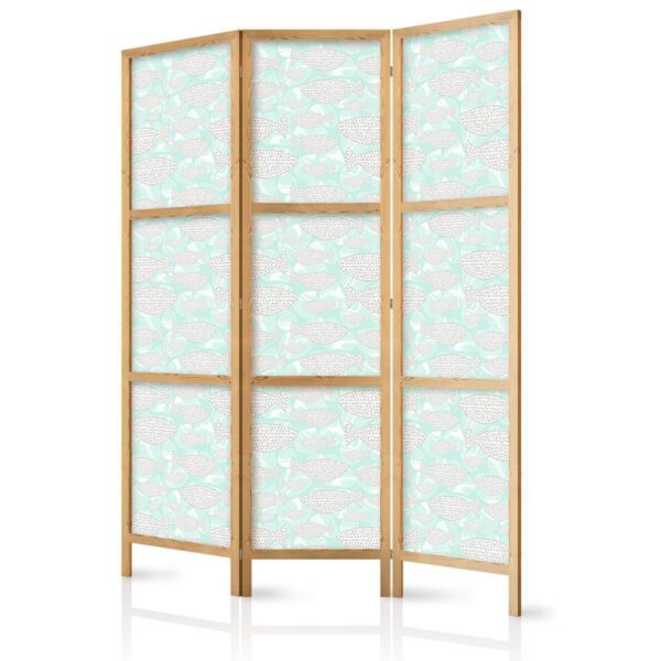 Paravent japonais - Minimalist Fish - Fish from Gray Dots on the Crystal Clear Water Surface in Mint Green Paravent japonais - Minimalist Fish - Fish from Gray Dots on the Crystal Clear Water Surface in Mint Green