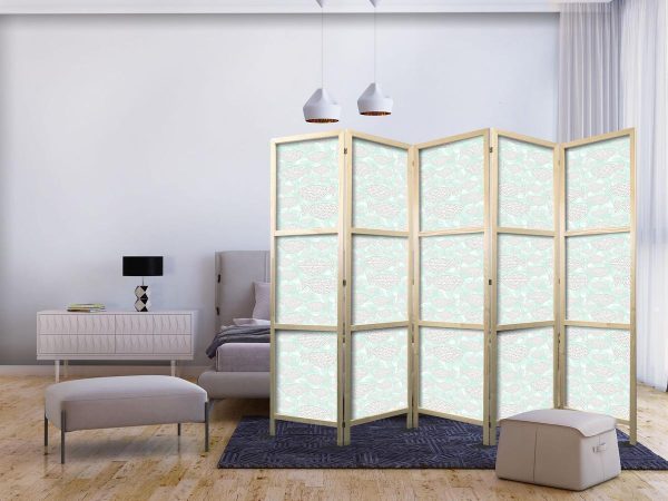 Paravent japonais - Minimalist Fish - Fishes From Grey Dots Against a Crystal Sheet of Water in Mint Green Colors