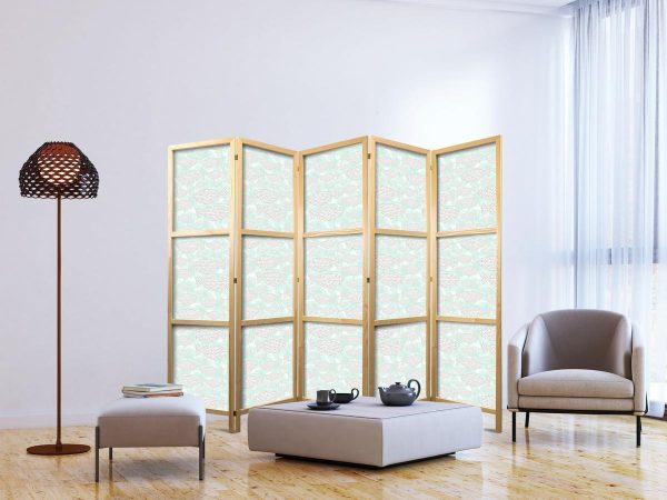 Paravent japonais - Minimalist Fish - Fishes From Grey Dots Against a Crystal Sheet of Water in Mint Green Colors