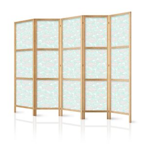 Paravent japonais - Minimalist Fish - Fishes From Grey Dots Against a Crystal Sheet of Water in Mint Green Colors