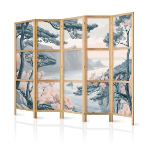 Paravent japonais - Mountainous Coastline with Trees and Rocks in Light Pastel Blues