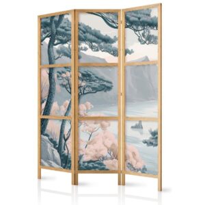 Paravent japonais - Mountainous Coastline with Trees and Rocks in Light Pastel Blues