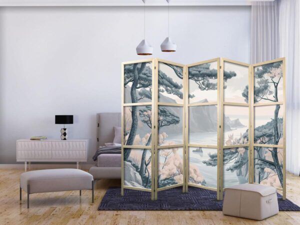 Paravent japonais - Mountainous Coastline with Trees and Rocks in Light Pastel Blues