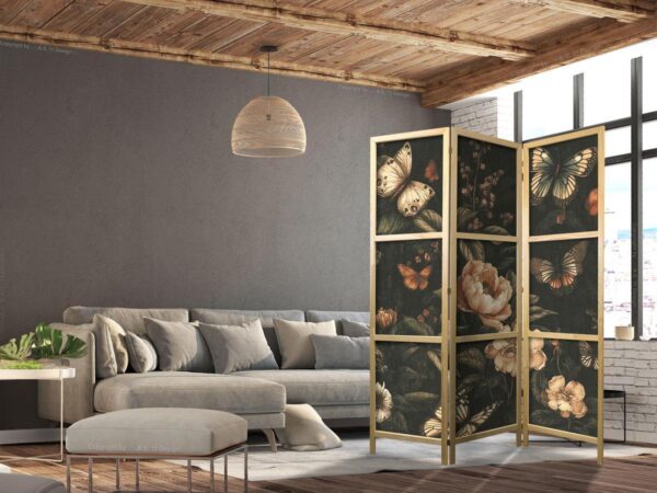 Paravent japonais - Mysterious Garden - Butterflies Flying Over Flowers - Rustic Evening