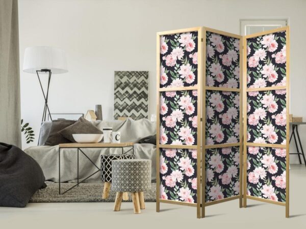 Paravent japonais - Peonies - Pink Flowers and Green Leaves on a Graphite Background