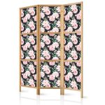 Paravent japonais - Peonies - Pink Flowers and Green Leaves on a Graphite Background