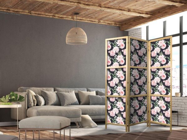 Paravent japonais - Peonies - Pink Flowers and Green Leaves on a Graphite Background
