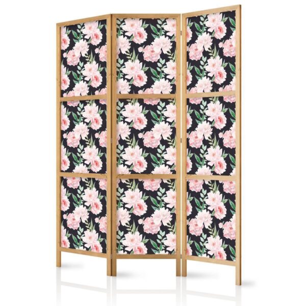 Paravent japonais - Peonies - Pink Flowers and Green Leaves on a Graphite Background Paravent japonais - Peonies - Pink Flowers and Green Leaves on a Graphite Background
