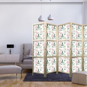 Paravent japonais - Peonies - Pink and White Flowers and Green Leaves on a White Background