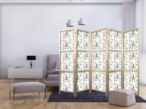 Paravent japonais - Peonies - Pink and White Flowers and Green Leaves on a White Background