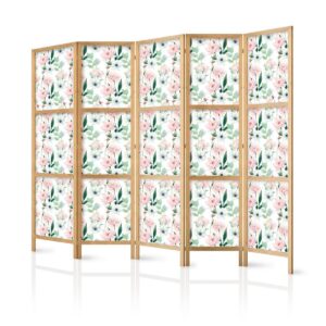 Paravent japonais - Peonies - Pink and White Flowers and Green Leaves on a White Background