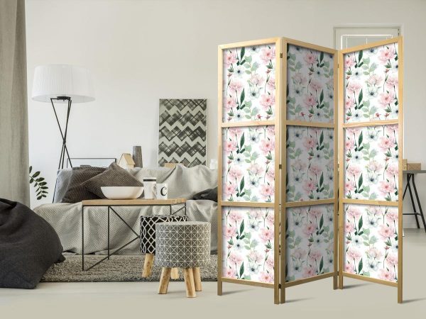 Paravent japonais - Peonies - Pink and White Flowers and Green Leaves on a White Background