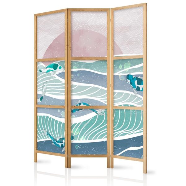Paravent japonais - Picturesque Landscape with Fish - Sunset and Koi Fish in Shades of Turquoise and Blue Floating Above Water Paravent japonais - Picturesque Landscape with Fish - Sunset and Koi Fish in Shades of Turquoise and Blue Floating Above Water