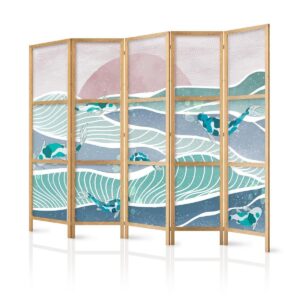 Paravent japonais - Picturesque Landscape with Fish - Sunset and Koi Fish in Shades of Turquoise and Blue Floating Above Water