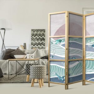 Paravent japonais - Picturesque Landscape with Fish - Sunset and Koi Fish in Shades of Turquoise and Blue Floating Above Water