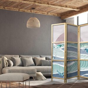 Paravent japonais - Picturesque Landscape with Fish - Sunset and Koi Fish in Shades of Turquoise and Blue Floating Above Water