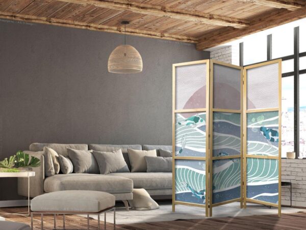 Paravent japonais - Picturesque Landscape with Fish - Sunset and Koi Fish in Shades of Turquoise and Blue Floating Above Water