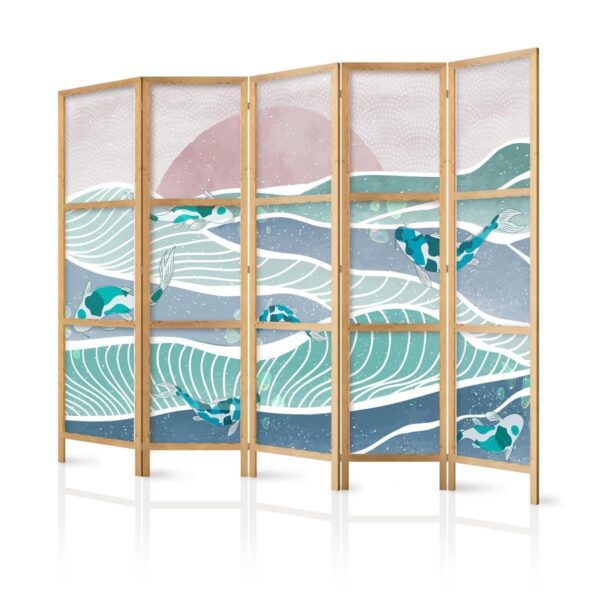 Paravent japonais - Picturesque Landscape with Fish - Sunset and Koi Fish in Shades of Turquoise and Blue Floating Above Water Paravent japonais - Picturesque Landscape with Fish - Sunset and Koi Fish in Shades of Turquoise and Blue Floating Above Water