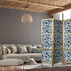 Paravent japonais - Rose Vines - Monochromatic Blue Birds Resting Among Roses