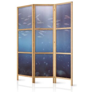 Paravent japonais - School of Small Fish - Illuminated Oceanic Depth in Shades of Navy Purple and Gray with a School of Tiny Fish