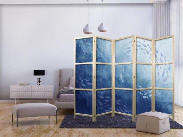 Paravent japonais - Schools of Fish - Luminous Clusters of Fish in Blue Among Ocean Depths