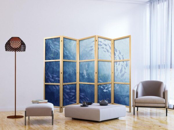 Paravent japonais - Schools of Fish - Luminous Clusters of Fish in Blue Among Ocean Depths