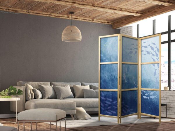 Paravent japonais - Schools of Fish - Luminous Clusters of Fish in Blue Among Ocean Depths
