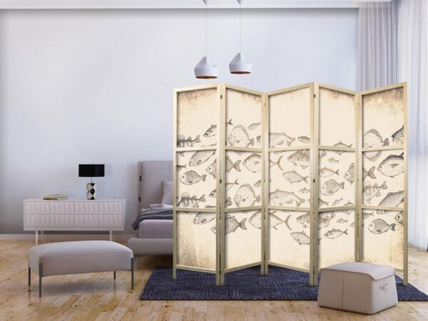 Paravent japonais - Sketch of a School of Fish - Sketches of Various Species of Fish Swimming in a School on a Beige Background in Vintage Style