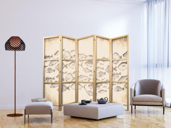 Paravent japonais - Sketch of a School of Fish - Sketches of Various Species of Fish Swimming in a School on a Beige Background in Vintage Style