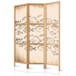 Paravent japonais - Sketch of a School of Fish - Sketches of Various Species of Fish Swimming in a School on a Beige Background in Vintage Style