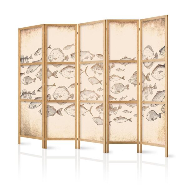 Paravent japonais - Sketch of a School of Fish - Sketches of Various Species of Fish Swimming in a School on a Beige Background in Vintage Style Paravent japonais - Sketch of a School of Fish - Sketches of Various Species of Fish Swimming in a School on a Beige Background in Vintage Style