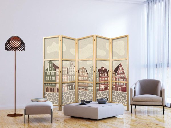 Paravent japonais - Solny Square - Colorfully Illustrated Townhouses Against a Sky with Clouds
