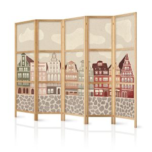 Paravent japonais - Solny Square - Colorfully Illustrated Townhouses Against a Sky with Clouds